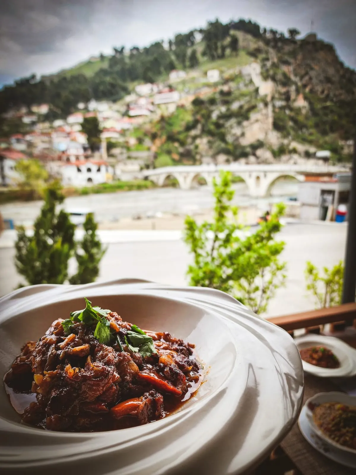 Traditional beef stew with the Gorica bridge and the houses of Berat behind